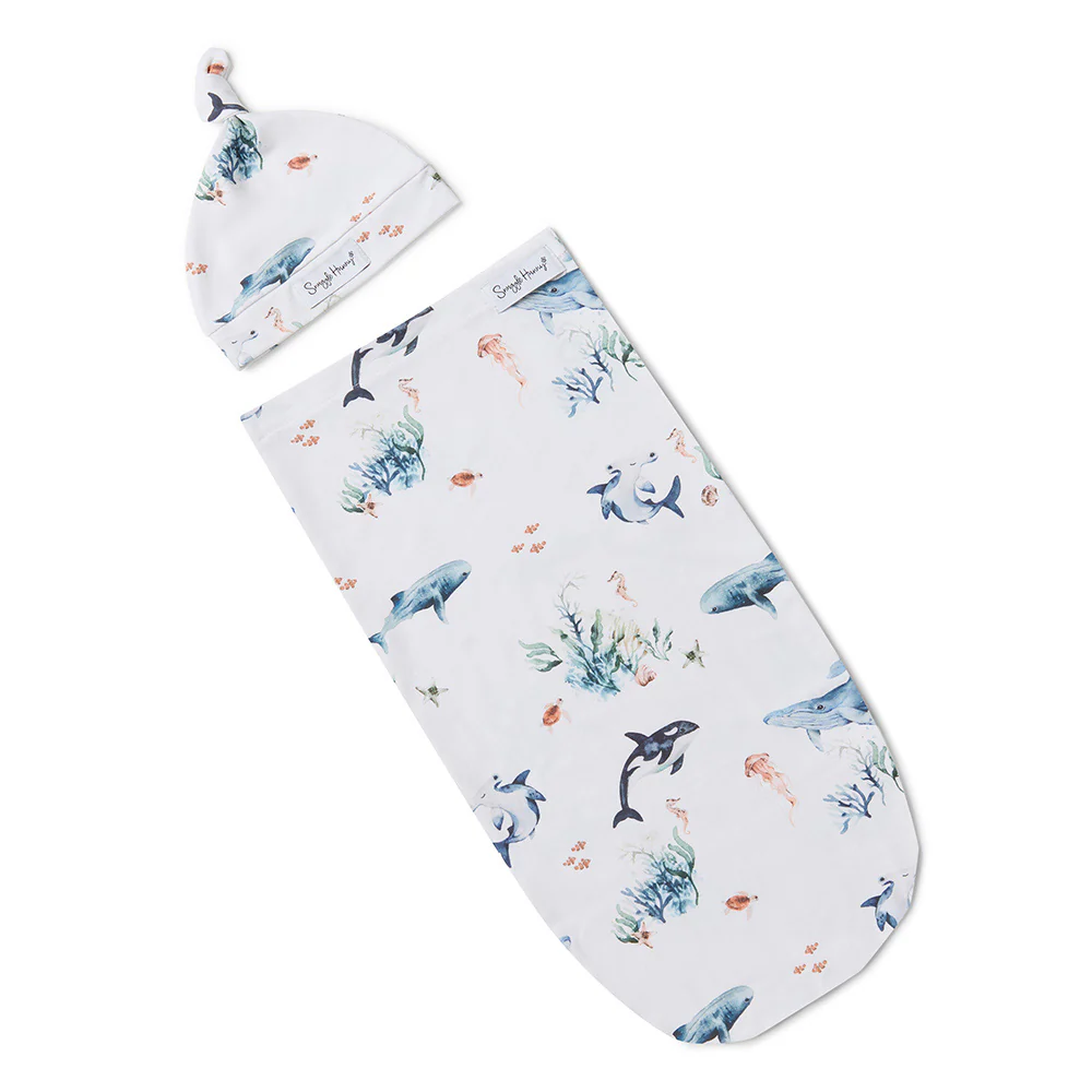 Ocean Organic Snuggle Swaddle & Beanie Set - Image 2